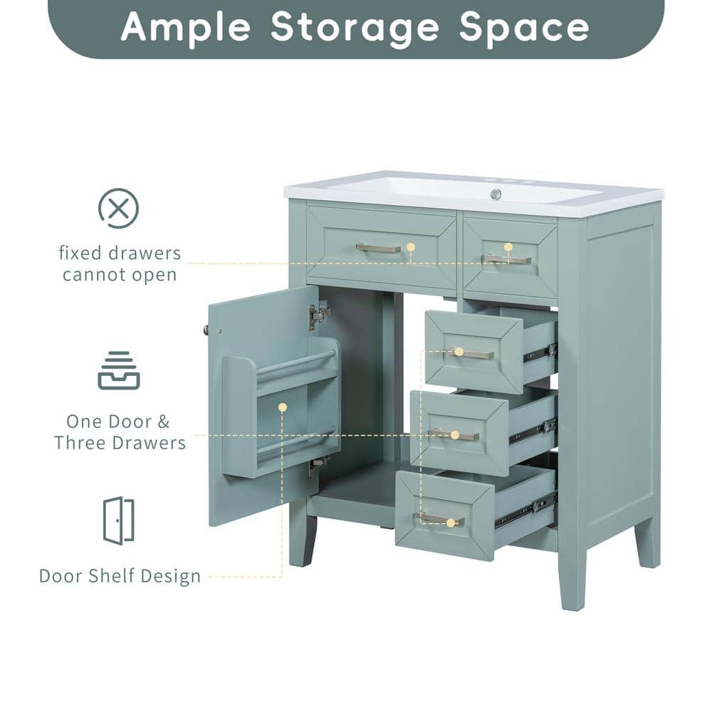 COWLOWN 29.52 in. W x 17.71 in. D x 35.03 in. H Bath Vanity Cabinet without Top in Green, with 3 Drawers and Door Shelf Design (2)
