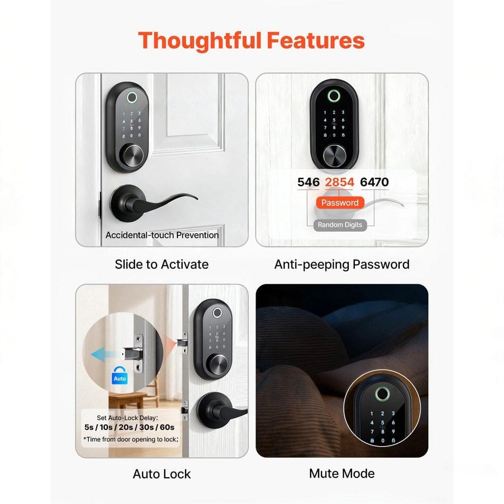 SKYSHALO Fingerprint Door Lock Set, Matte Black, Electronic Biometric Deadbolt Keyless Entry Door Lock with Handle (3)