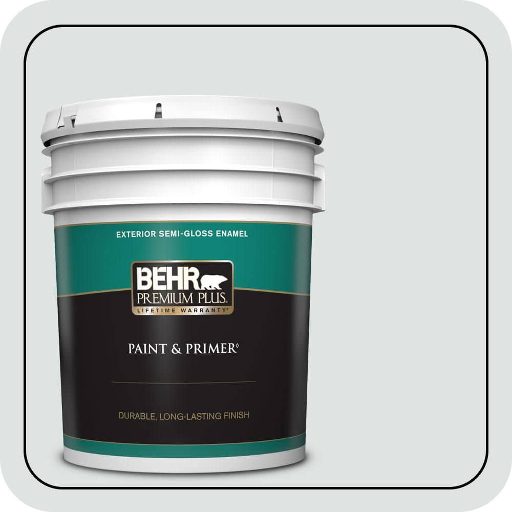 BEHR PREMIUM PLUS 5 gal. #W-F-520 Ash White Semi-Gloss Enamel Exterior Paint & Primer
