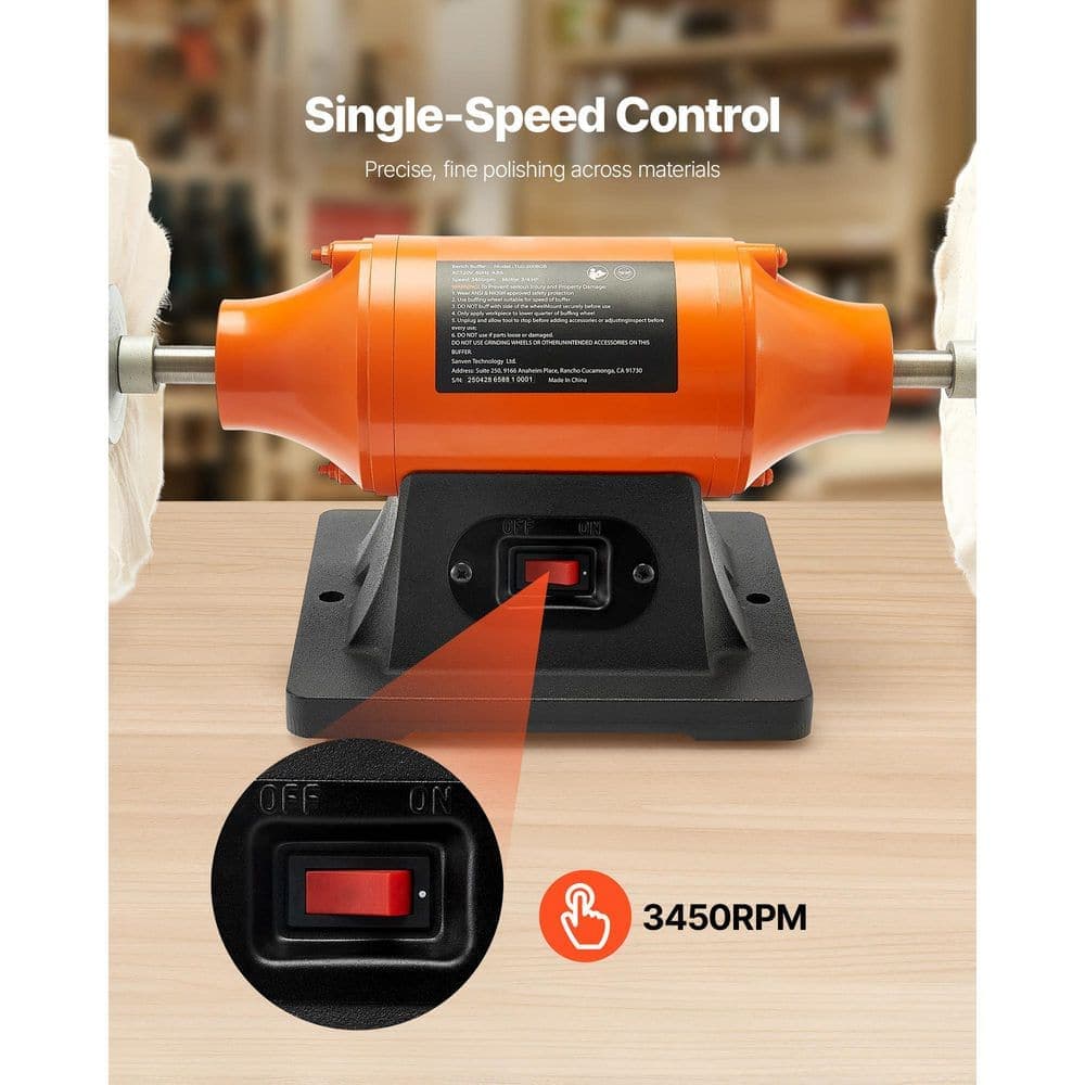 VEVOR Corded Bench Buffer Polisher 8 in. 3/4 HP 3450 RPM 4.8-Amp Benchtop Lathe Polishing for Jewelry Wood Silver Amber Metal (3)