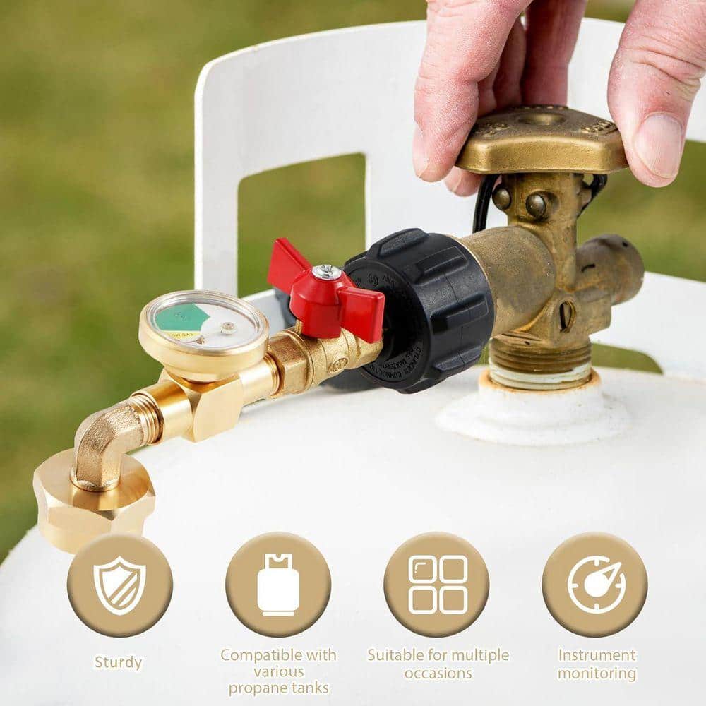 Lukvuzo Propane Refill Adapter with Tank Gauge 90 Degree Elbow Solid Brass 1lb to 20lb Converter for Camping Grilling Tailgating (2)