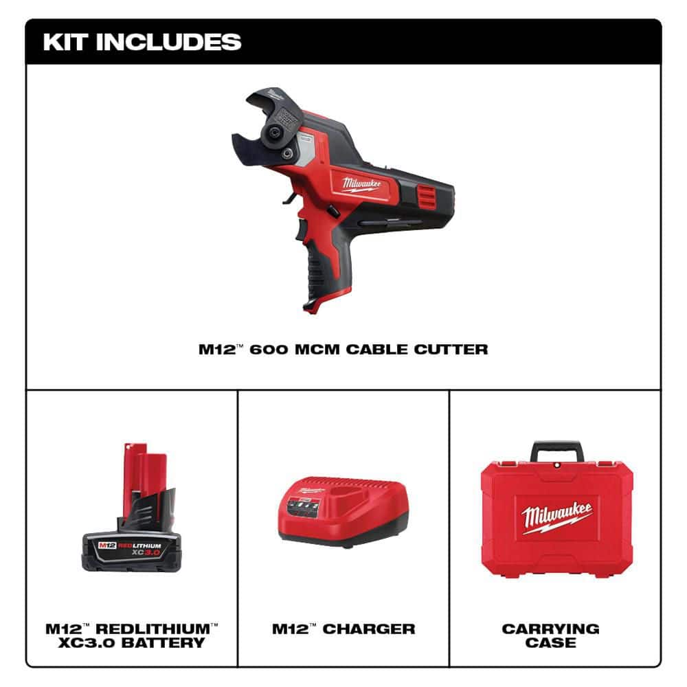 Milwaukee M12 12V Lithium-Ion Cordless 600 MCM Cable Cutter Kit with One 3.0Ah Battery, Charger and Hard Case (2)