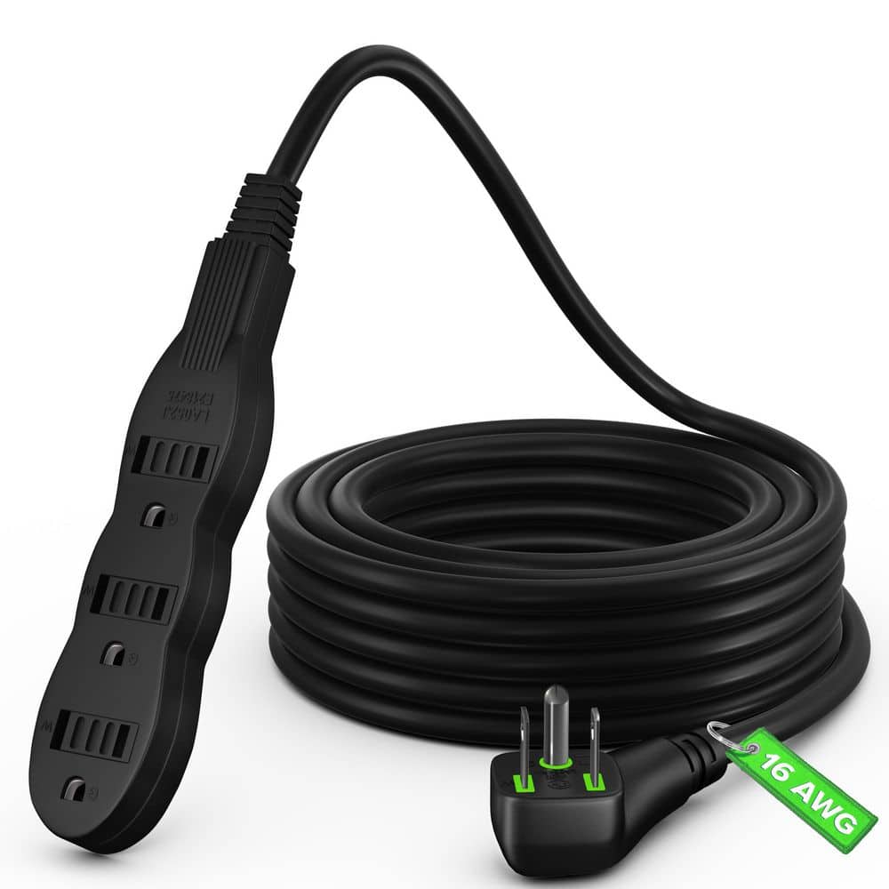 MAXIMM 15 ft. 16 / 3 Light Duty Indoor Extension Cord, Angled Plug, 3-Outlet, 13 Amps, Black (1)