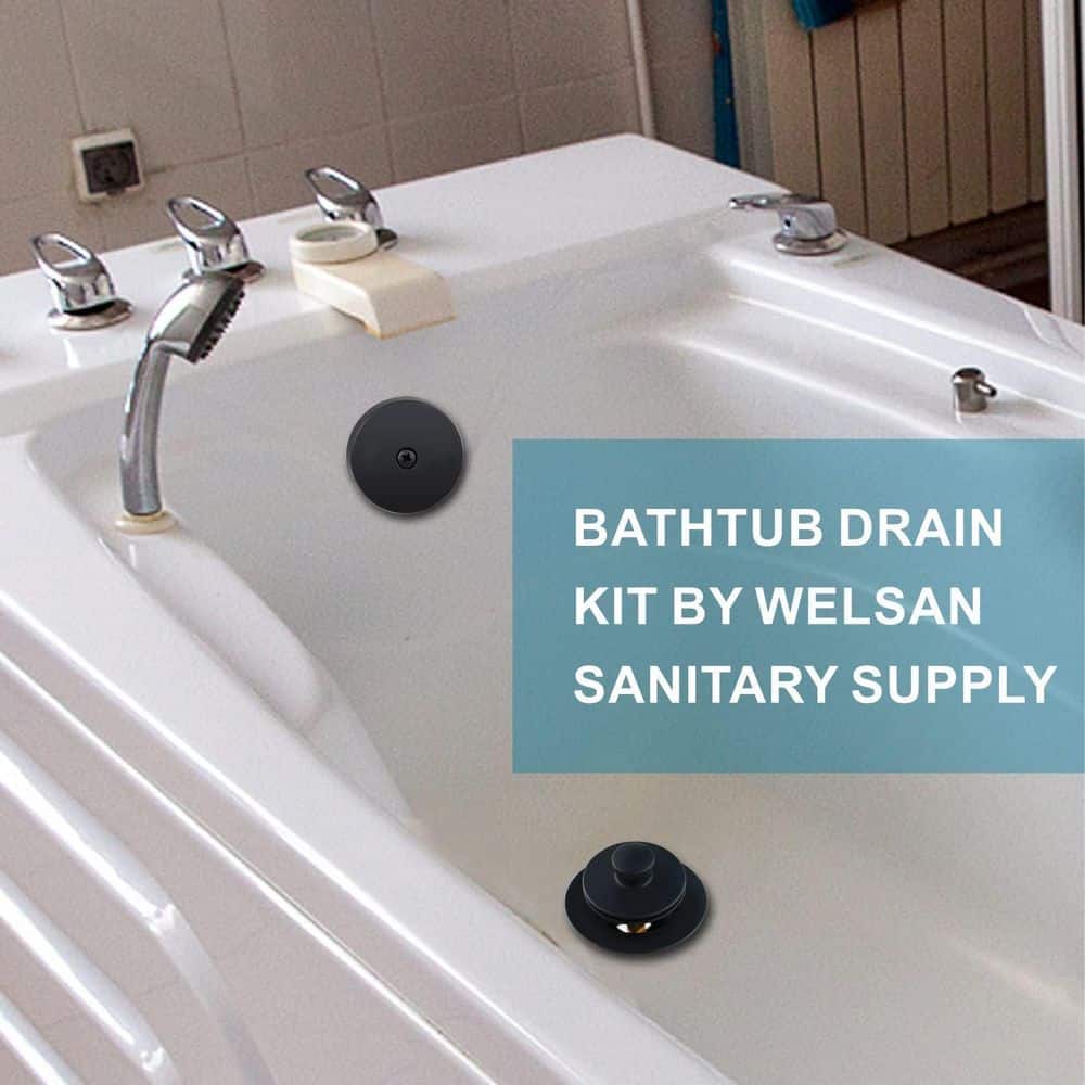 Helhom Tub Drain and Overflow Kit with Single Hole Overflow Faceplate, Metal Lift and Turn Black Bathtub Drain Kit (2)