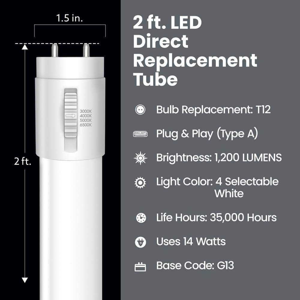 Feit Electric 10-Watt 2 ft. T12 G13 Type A Plug and Play Linear LED Tube Light Bulb, Selectable White 3000K,4000K,5000K,6500K (1-Pack) (3)