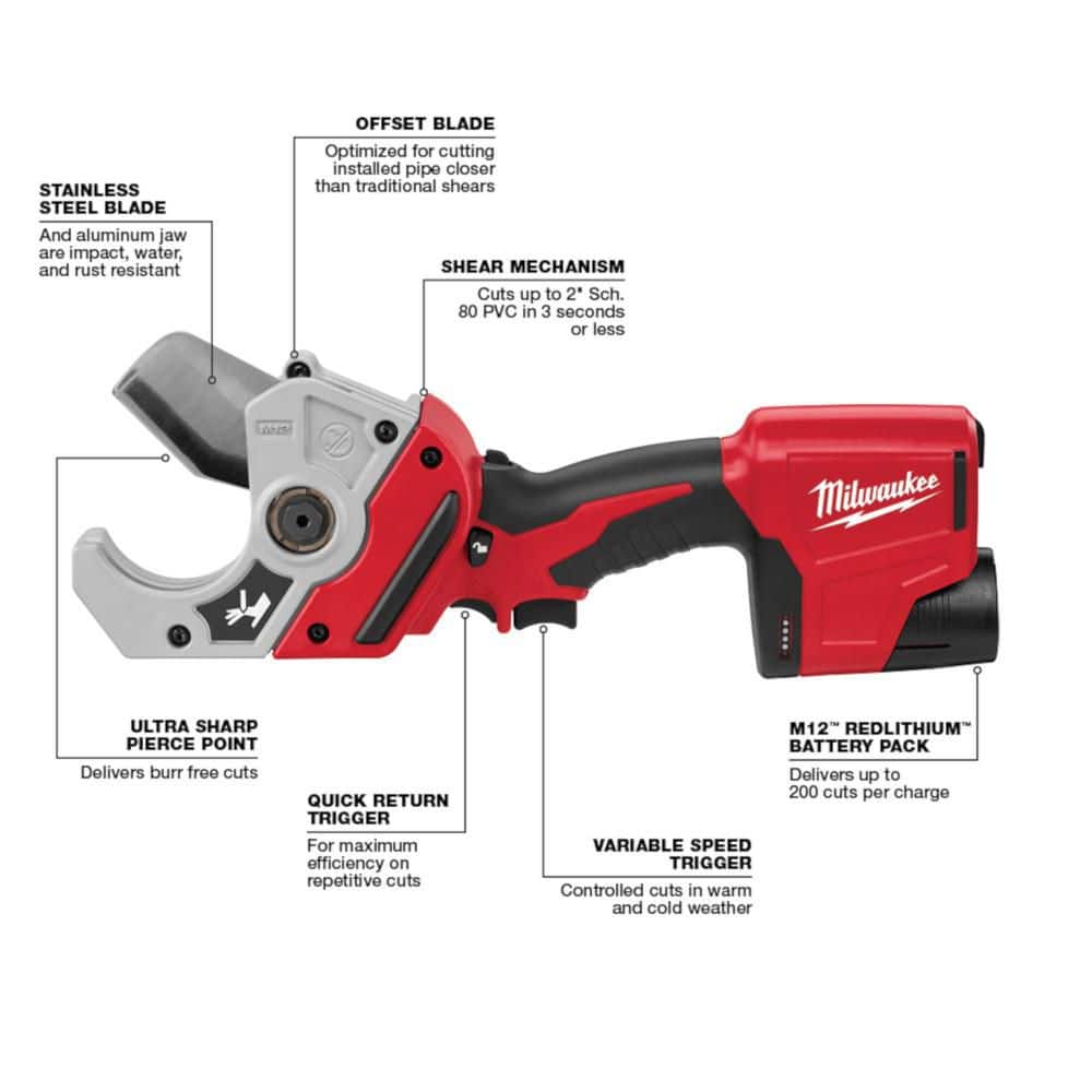 Milwaukee M12 12V Lithium-Ion Cordless PVC Pipe Shear (Tool-Only) (4)