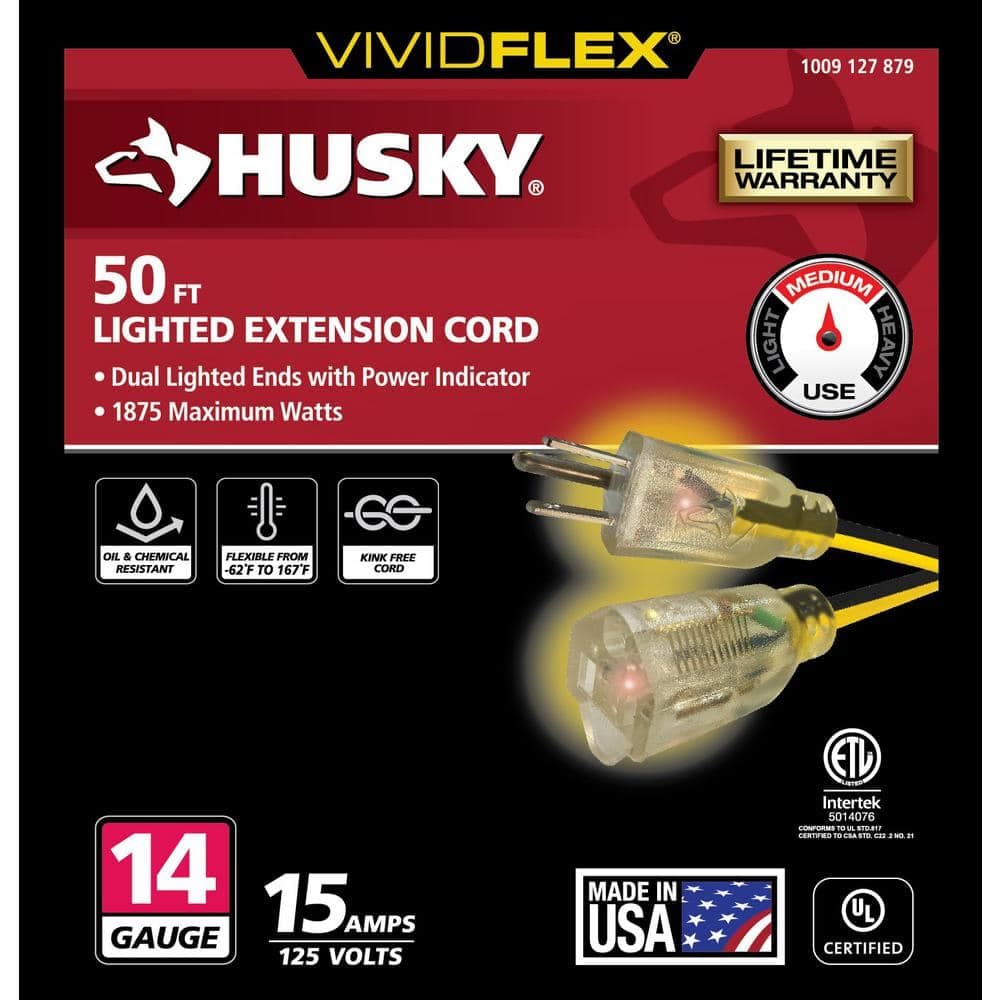 Husky VividFlex 50 ft. 14/3 Gauge Medium Duty Indoor/Outdoor Extension Cord with Lighted End, Yellow (2)