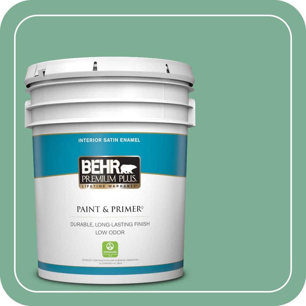 BEHR PREMIUM PLUS 5 gal. #MQ6-12 Nature Green Satin Enamel Low Odor Interior Paint & Primer