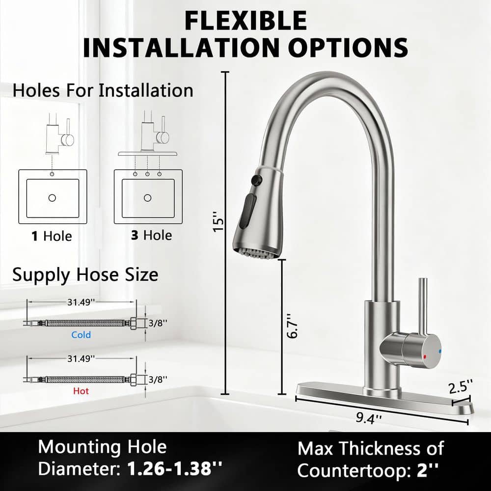 Numhew 1-Piece Stainless Steel Brushed Nickel Kitchen Faucets with Pull Down Sprayer, 1 or 3 Hole Water Faucets for Farmhouse (3)