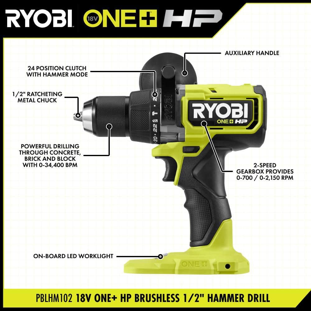RYOBI ONE+ HP 18V Brushless Cordless 1/2 in. Hammer Drill Kit 4.0 Ah HIGH PERFORMANCE Battery, Charger, and Bag (3)