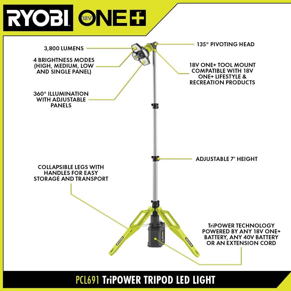 RYOBI Hybrid Tri-Power Tripod Light with ONE+ 18V HIGH PERFORMANCE Starter Kit with 6.0 Ah Battery and Charger (3)