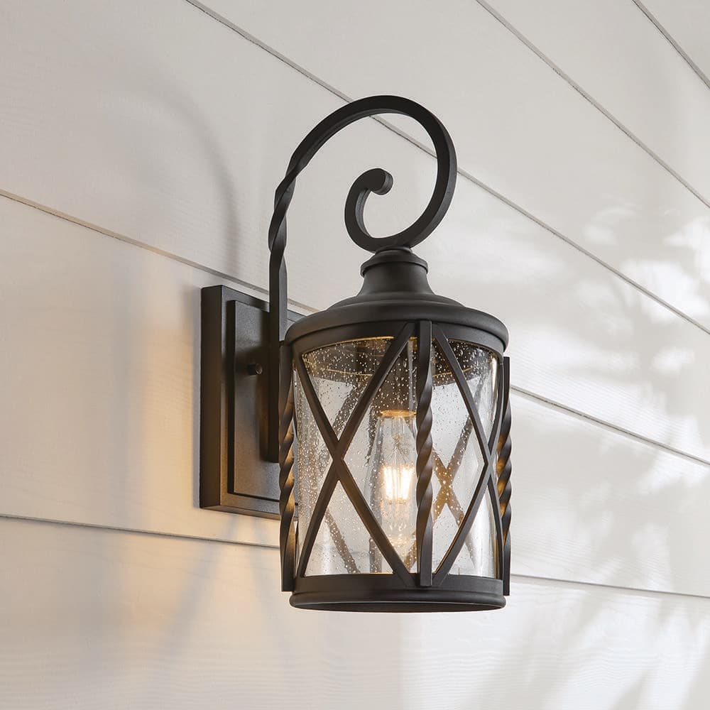 Hampton Bay Walcott Manor 18.75 in. Black Outdoor Hardwired Wall Lantern Sconce with Clear Seeded Glass (2)