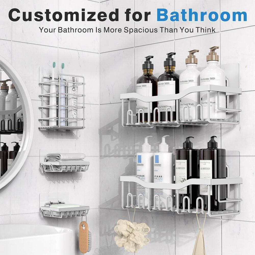 Wudkey 12.72 in. W x 4.13 in. H x 5.5 in. D Stainless Steel Rectangular Adhesive Shower Shelf in White, 40 lbs. Bearing Weight (2)