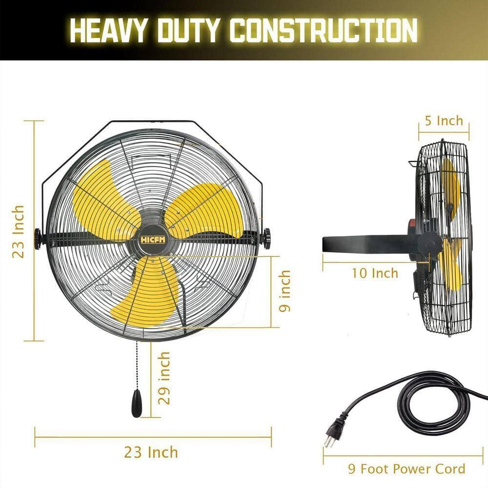 HICFM 18 in. Yellow Wall Mounted Fan, 4600 CFM 3-Speed TEAO Motor, Tilting Metal Fan for Barn, Garage, Workshop (3)