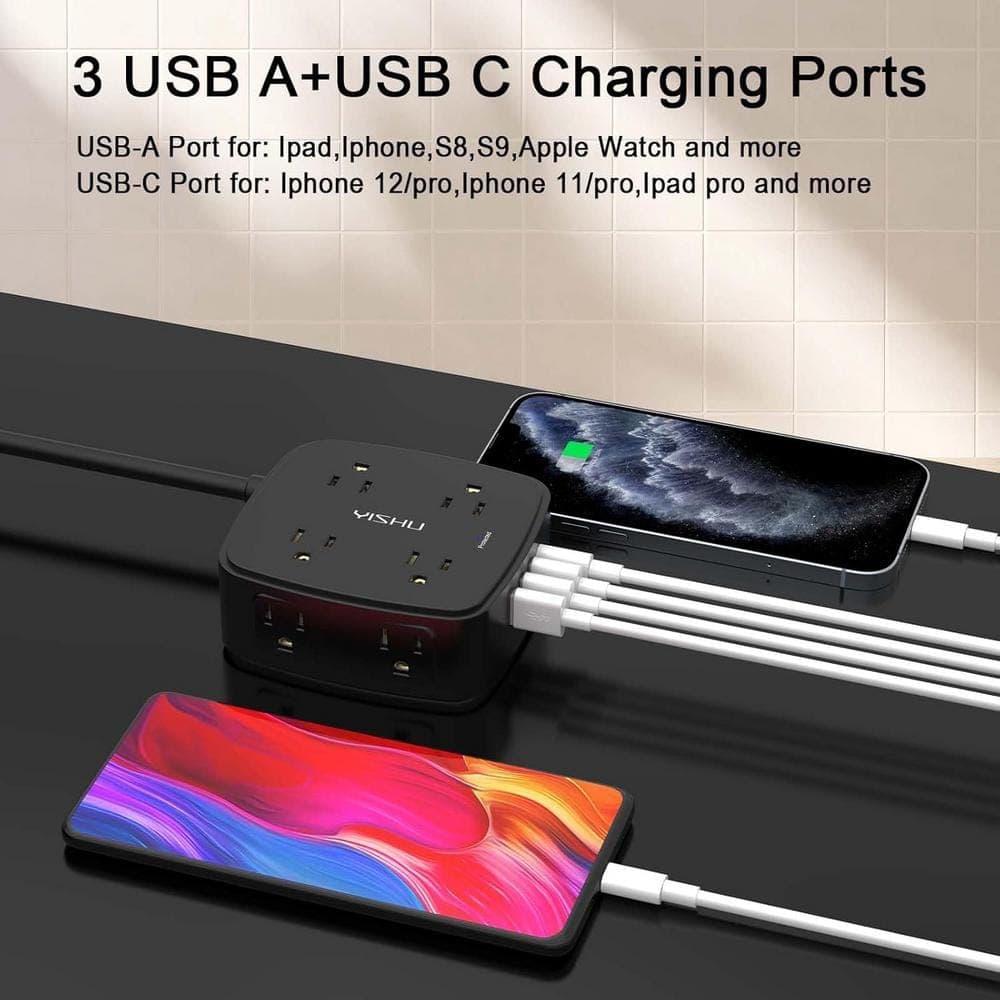 Lukyamzn 10 ft. 8-Outlets Surge Protector Power Strip with 3-USB and 1-USB-C Ports, ETL Listed in Black (3)