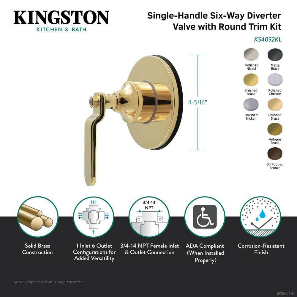 Kingston Brass Whitaker 3/4 in. Single-Handle 1-Hole Wall Mount 6-Way Diverter Valve with Trim Kit in Antique Brass (2)