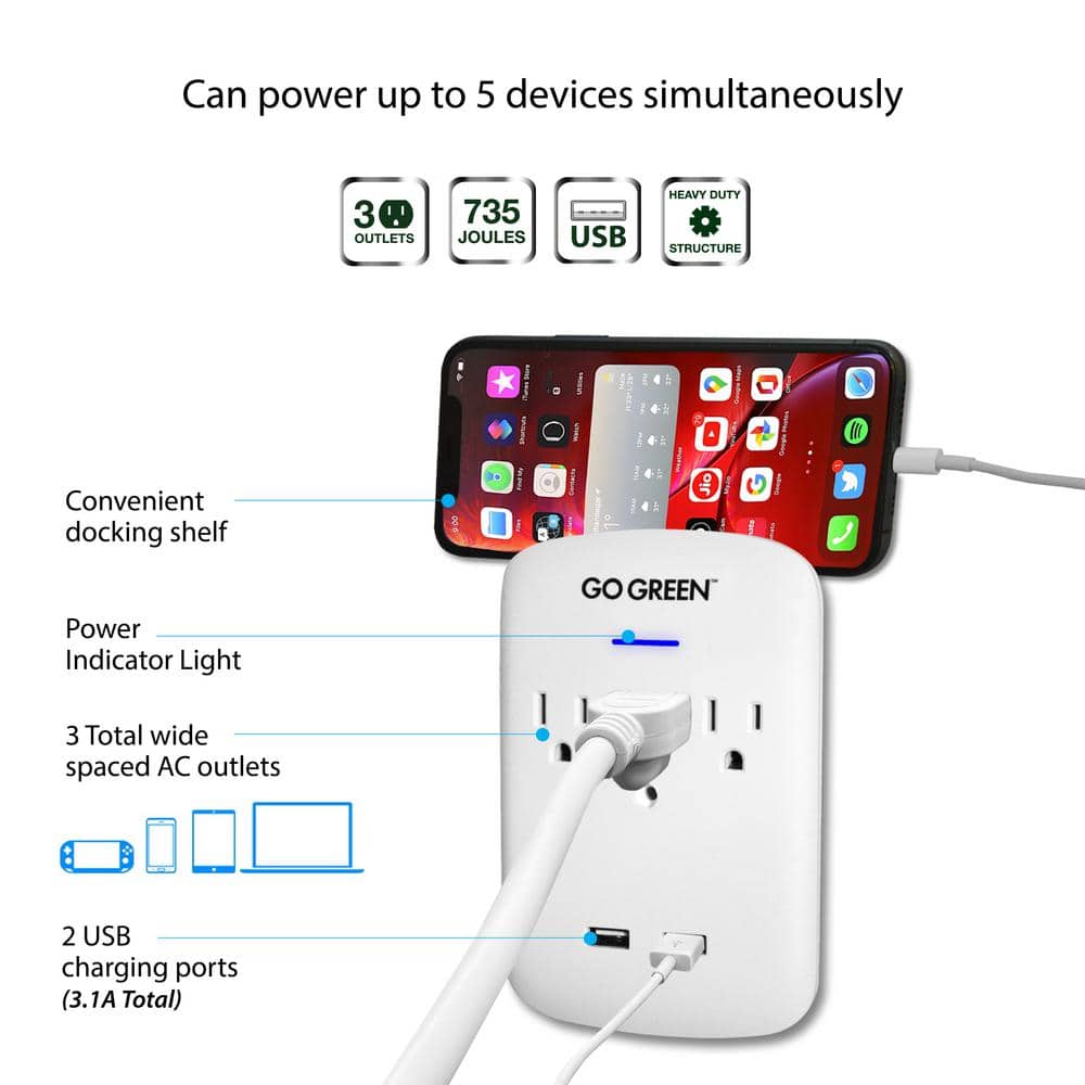 GoGreen Power 3 Outlet Wall Tap w/ 2 USB Ports, 735 Joule Surge Protection, 3.1A USB (3)