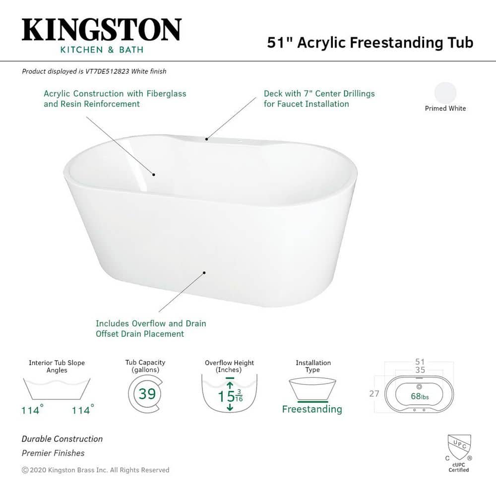 Kingston Brass Aqua Eden 51.2 in. x 27.38 in. Freestanding Soaking Bathtub with Center Drain in Glossy White (2)
