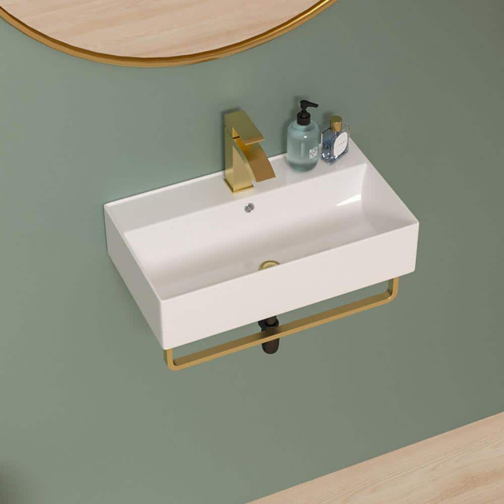 Sarlai 21 in. White Ceramic Rectangular Wall Mounted Bathroom Sink with Golden Faucet and Bracket (2)