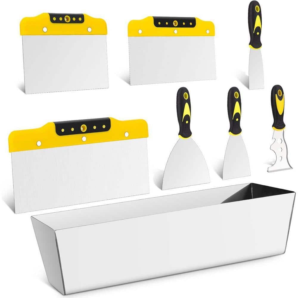 KIWDZFU 8-Piece Stainless Steel Drywall Knife Set with Putty Knives, Taping Knives, Painter Scraper, 12 Mud Pan (1)