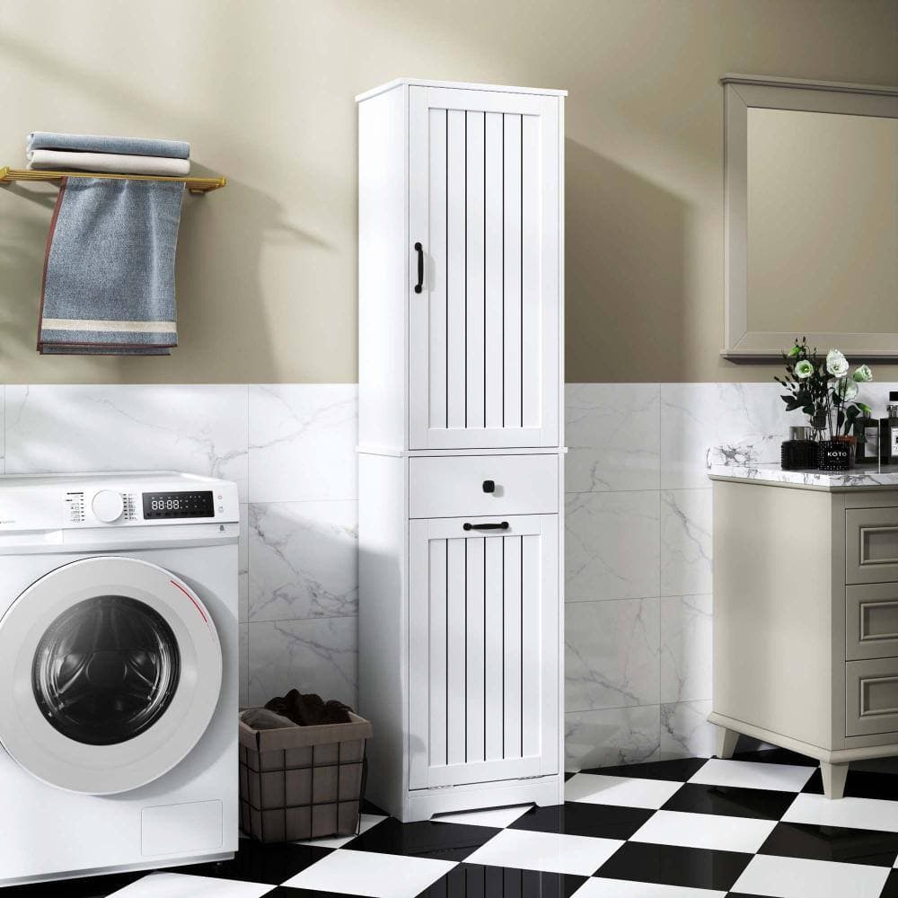 XUJMK 18 in W x 12 in D x 71 in H Linen Cabinet Laundry Cabinet in White with 1 Storage Cabinet 1 Drawer, Removable Cloth Bags (3)