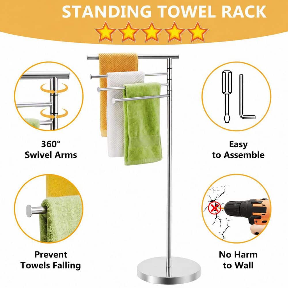 Anqtovp 4 Swivel Arms 40 Inch Freestanding Towel Rack in Chrome Stainless Steel with Weighted Base Modern Bathroom Holder (3)