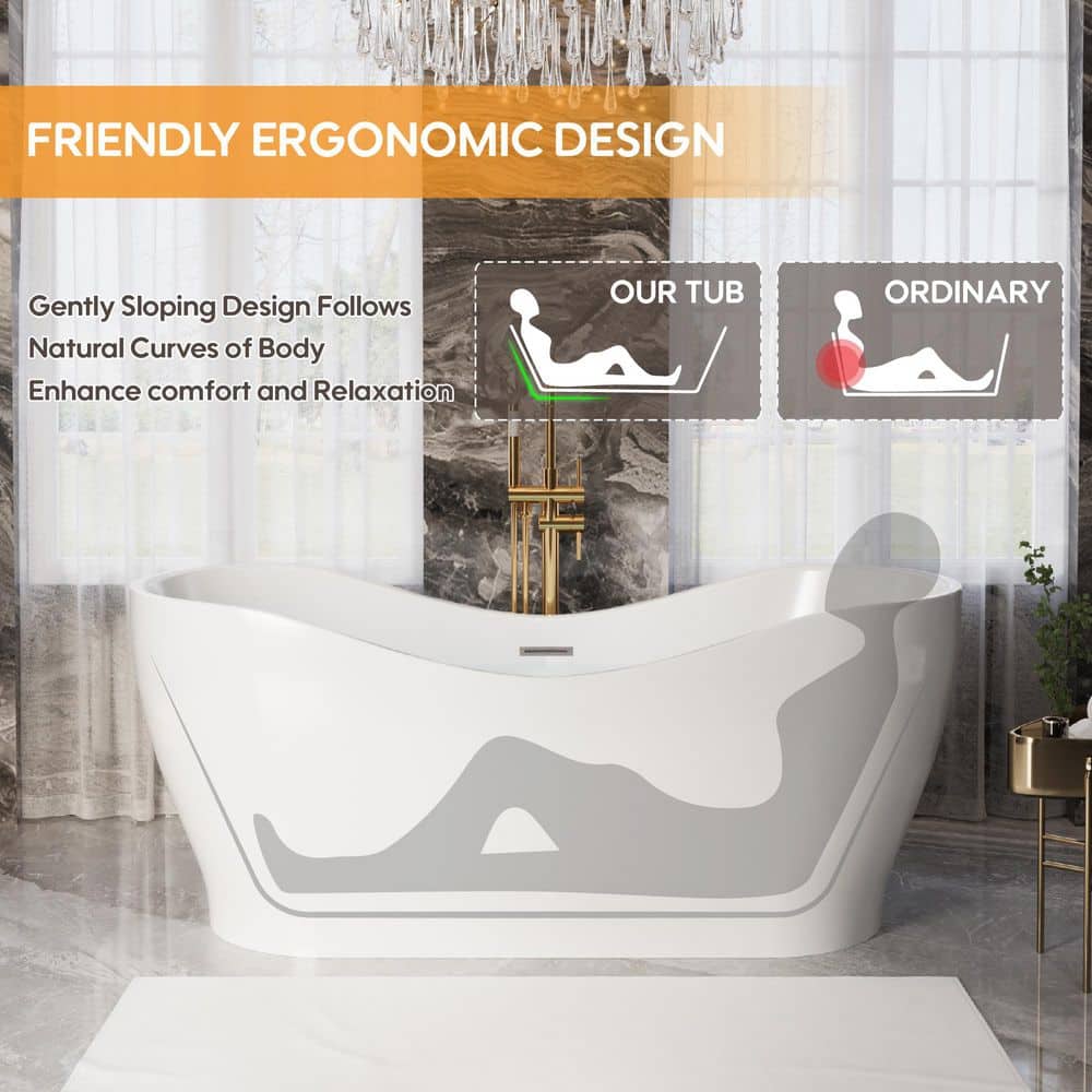 ANGELES HOME 67 in. x 31.5 in. 100% Pure Virgin Acrylic Freestanding Soaking Bathtub with Center Drain and Overflow in White (2)