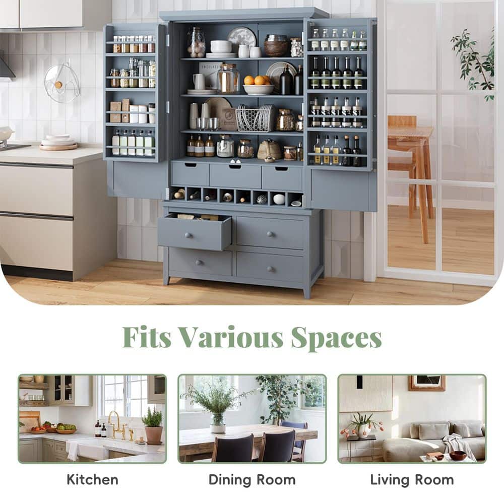 Unbranded 41.3 in. W x 18.7 in. D x 71.1 in. H Gray Linen Cabinet with 8 Door Shelves 3 Adjustable Shelves 7 Drawers 8 Wine Racks (3)