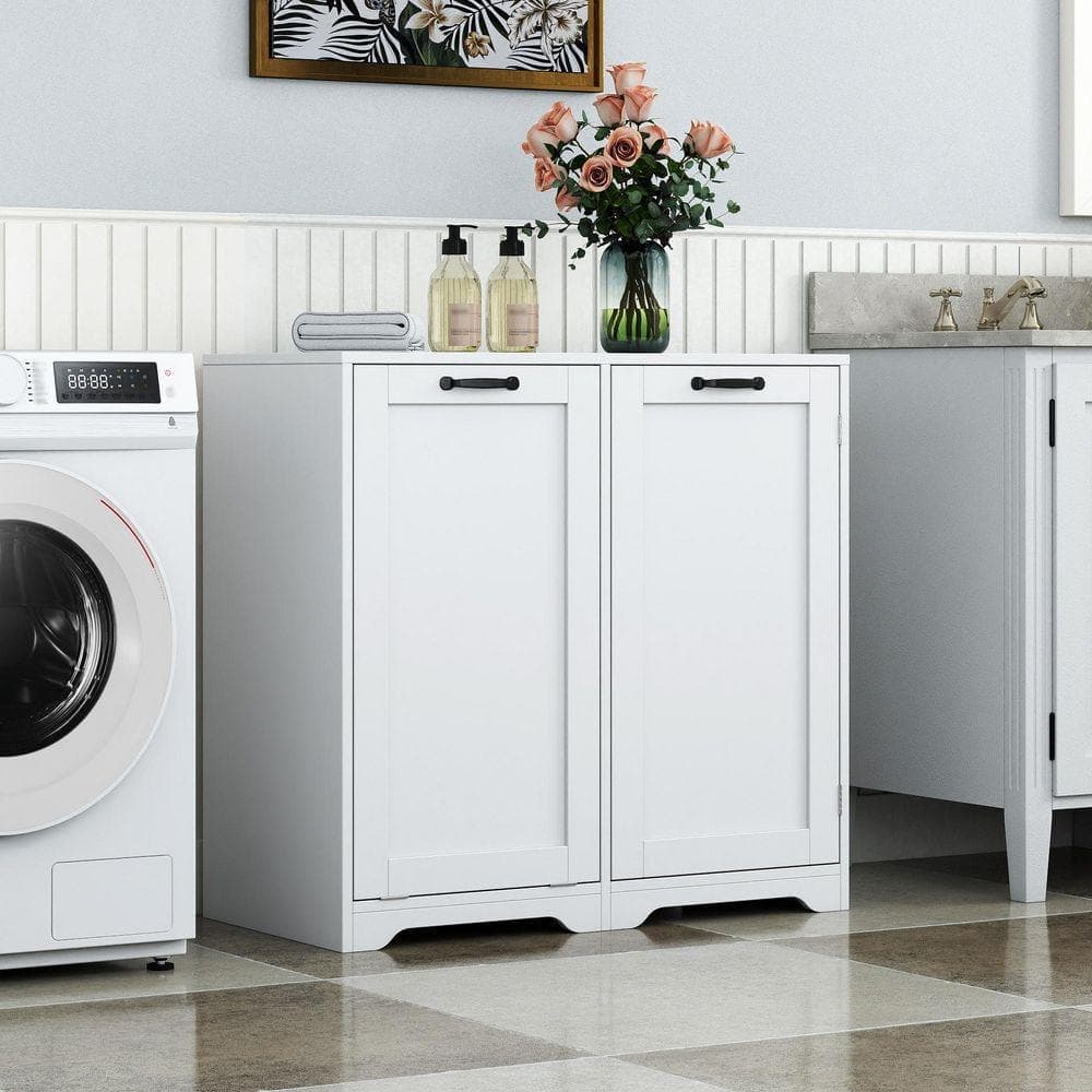 AOPSPS 31.50 in. W x 15.75 in. D x 30. 31 in. H White Linen Cabinet with Tilt-Out Laundry Hamper, Adjustable Shelf (2)