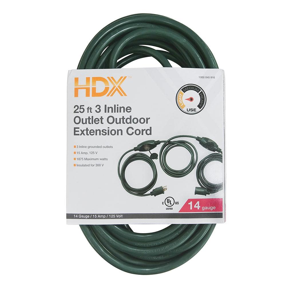 HDX 25 ft. 14/3 3 Outlet Extension Cord, Green