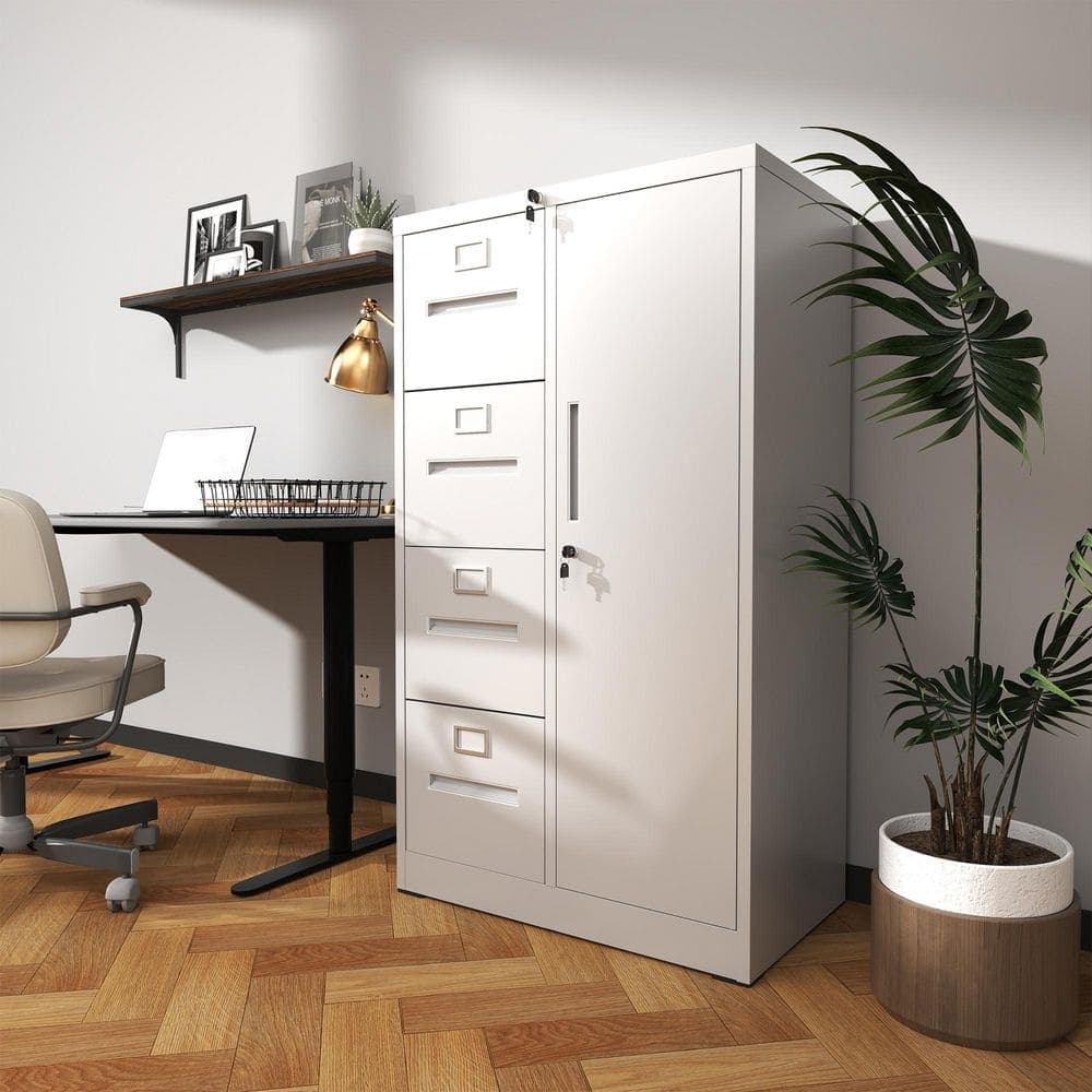 Tidoin Modern 4-Drawer White Metal 30 in. W Vertical File Cabinet with Locks and 1-Door (2)