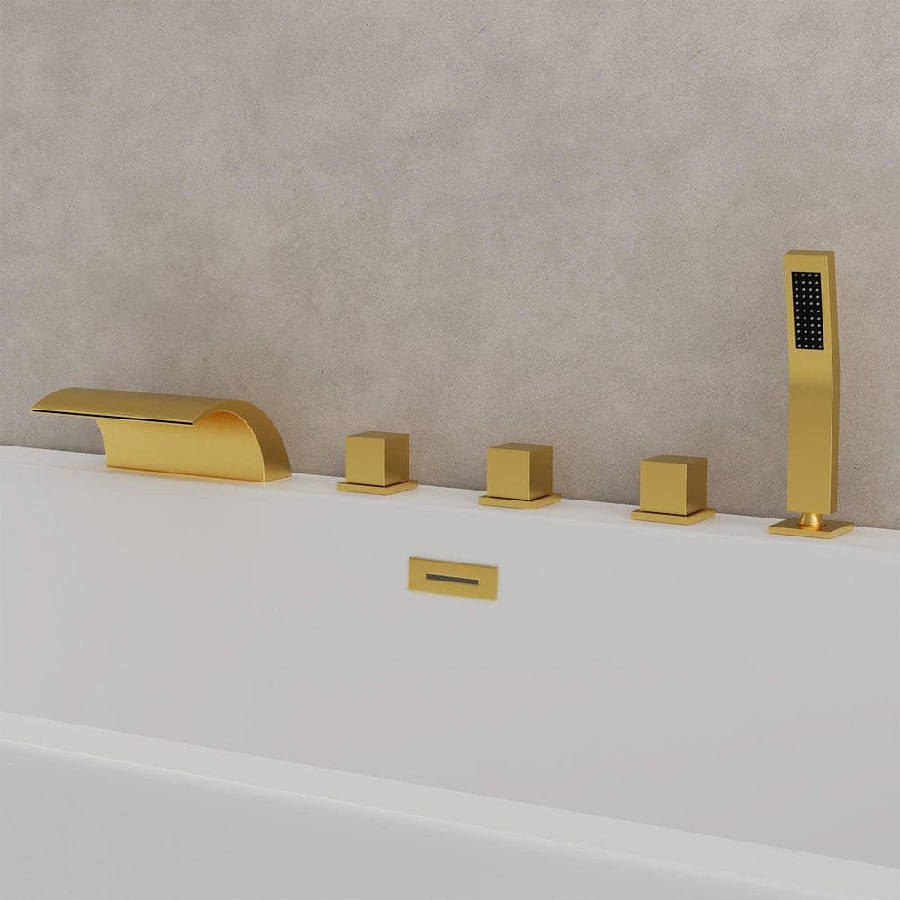 YAWWALK 3 Handle Deck Mount Waterfall Roman Tub Faucet with Hand Shower and Anti Scald in Brushed Gold (2)