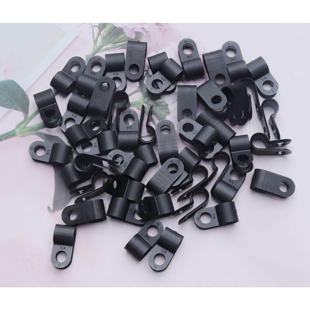 Yichuhaoxi 50-Pieces R Type Nylon Cable Clamp 1/4 in. Black Screw Mounting Wire Cord Fastener Clips for Home Car (2)