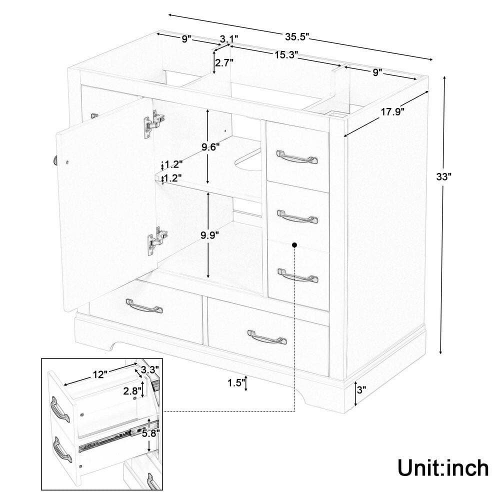 Unbranded 36 in. Freestanding Rectangular Bath Vanity Cabinet without Top in Gray with Soild Wood Frame, 6 Drawers, Shelf and Door (2)