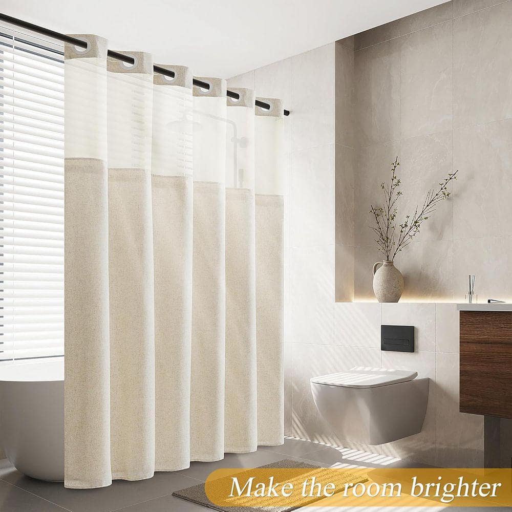 JFVKAF No Hooks Linen Textured Shower Curtain with Snap-in Liner Set 72x75 in Beige Decor with See Through Top Window Cream (2)
