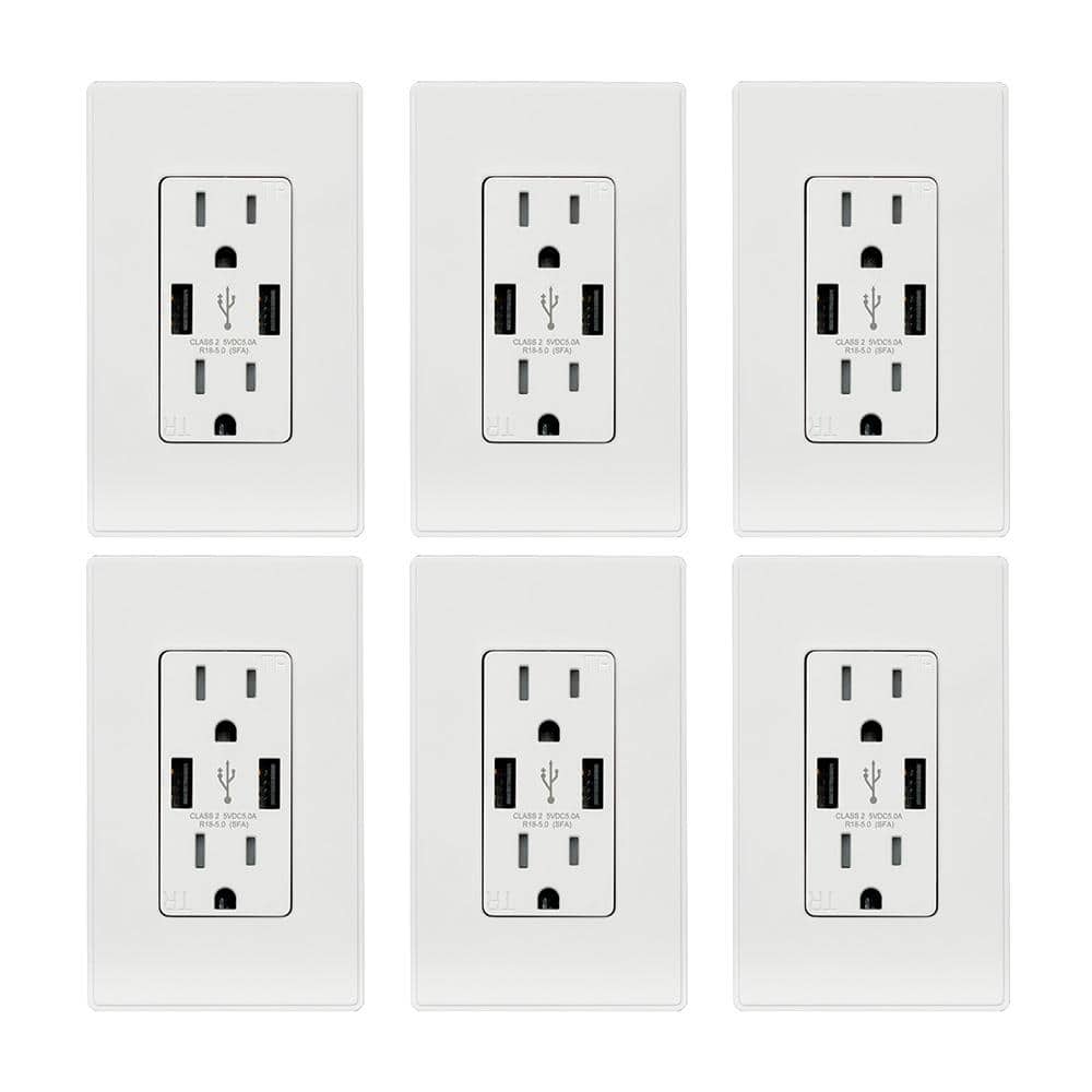 ELEGRP 25-Watt 15 Amp Dual Type A USB Wall Duplex Outlet, Wall Plate Included, White (6-Pack) (1)