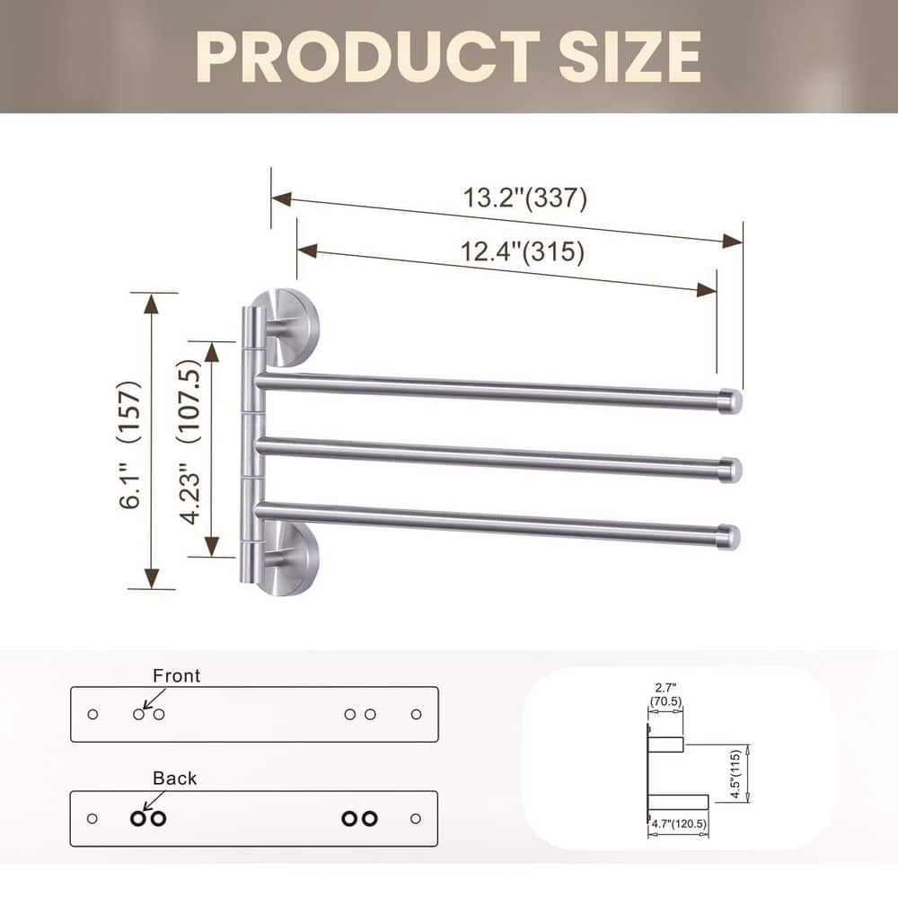 VEVETTA Stainless Steel 12.4 in. Wall Mounted 3-Swivel Arms Towel Bar in Brushed Nickel (2)