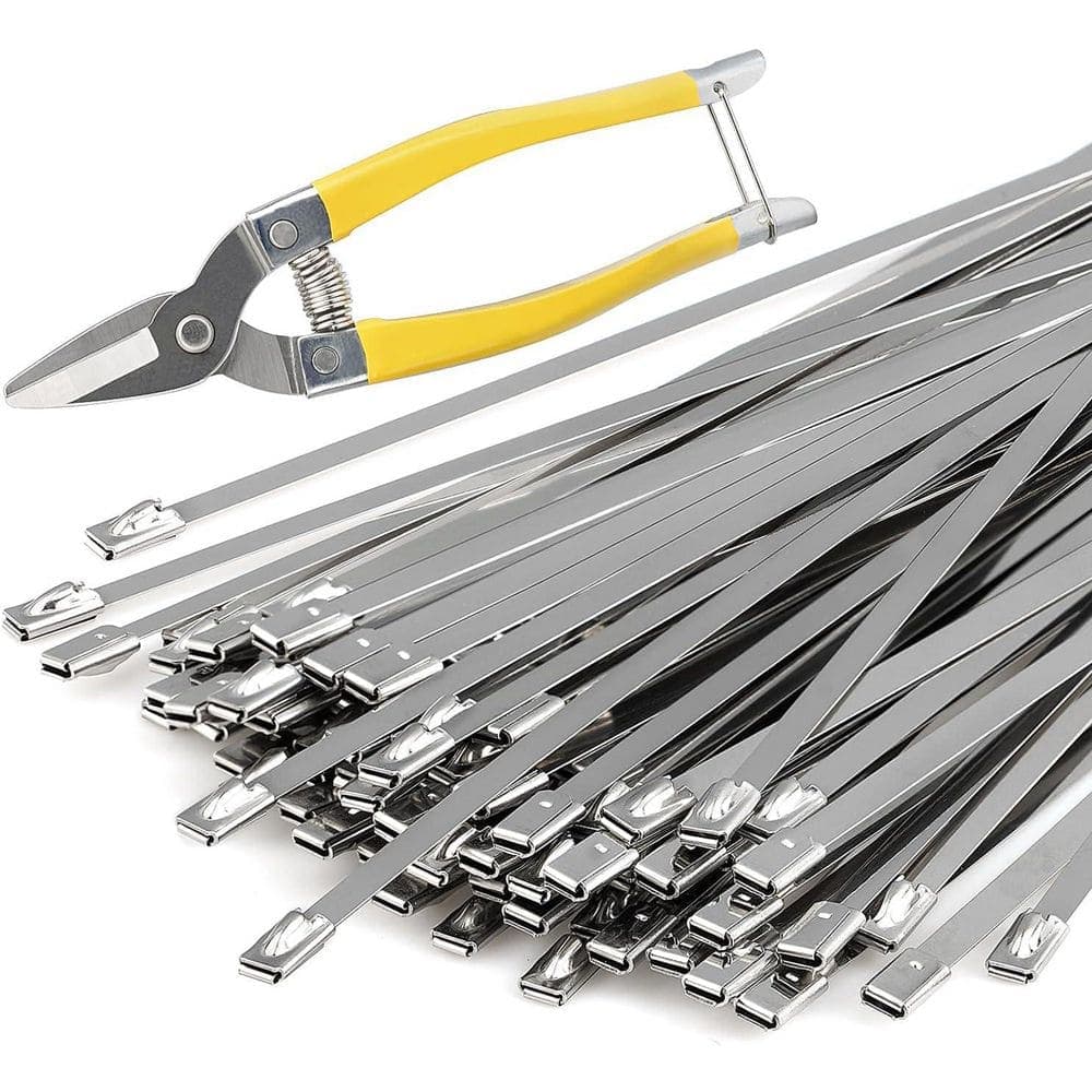 NVNOO 6.6 in. UV-Resistant Stainless Steel Heavy-Duty Self-Locking Zipper Belt Cutter and 50-Piece 11.8 in. Ties for Fencing (1)