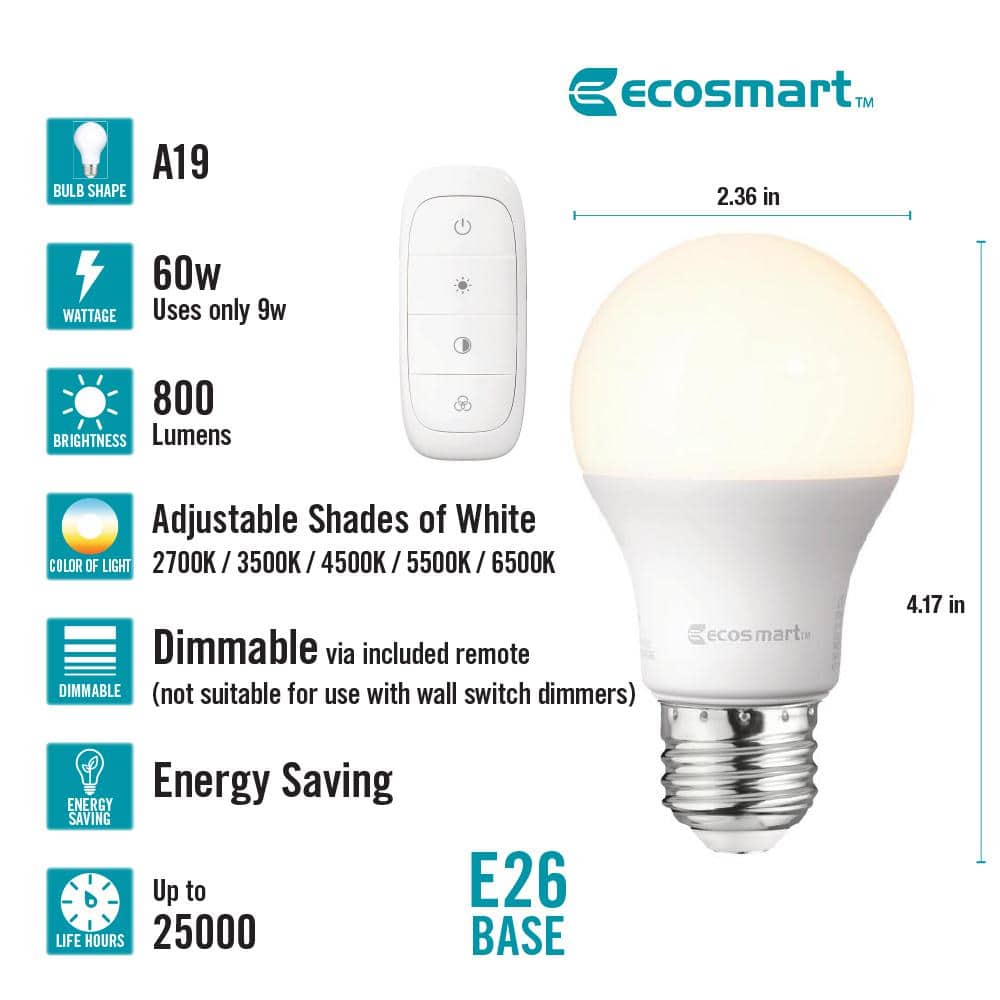 EcoSmart 60-Watt Equivalent A19 E26 Base CEC Color Changing LED Party Light Bulb Starter Kit with Remote (1-Pack) (3)