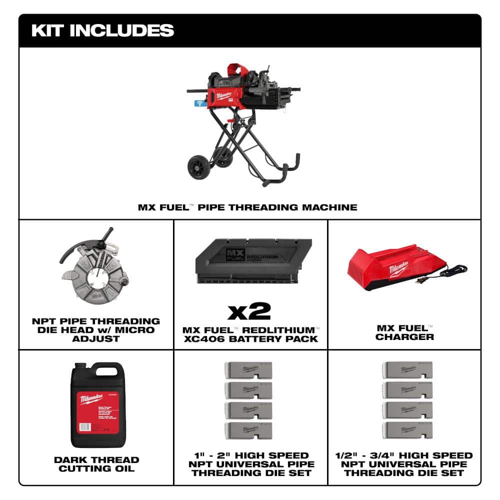 Milwaukee MX FUEL Lithium-Ion Cordless 1/2 in. - 2in. Pipe Threading Machine Kit with NPT Pipe Threading Die Head w/Micro-Adjust (2)