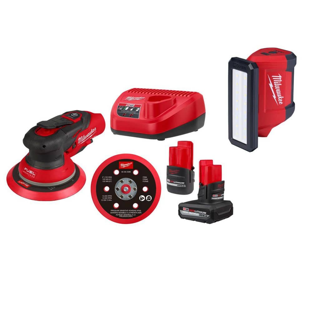 Milwaukee M12 FUEL 12-Volt Li-Ion Brushless Cordless 6 in. Random Orbital Sander Kit (3/16 in) wM12 5.0Ah,2.5Ah Batteries,&Light