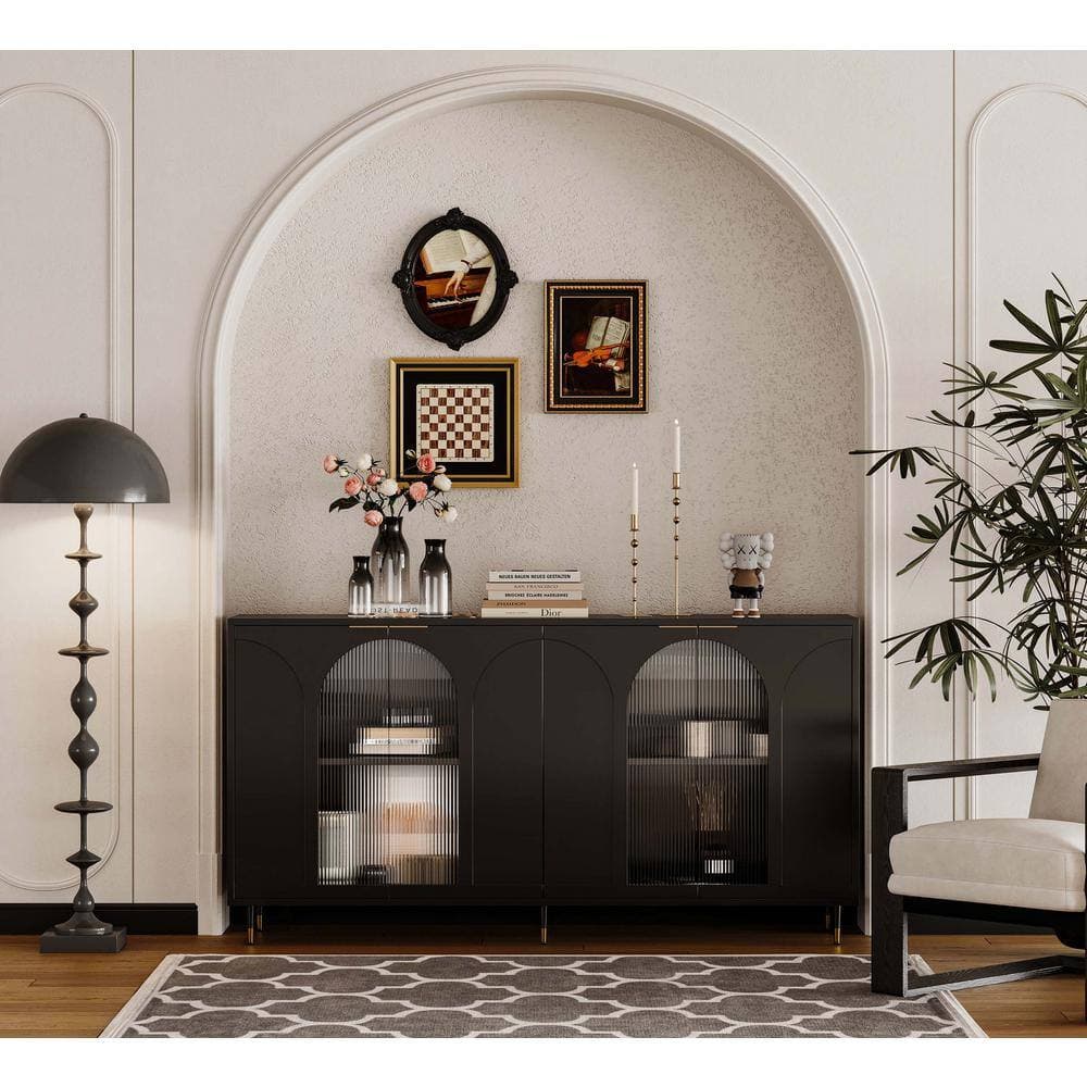 Unbranded 59.8 in. W x 15.7 in. D x 33.7 in. H Black Linen Cabinet Wooden Storage Cabinet with 4 Glass Doors for Living Room (3)