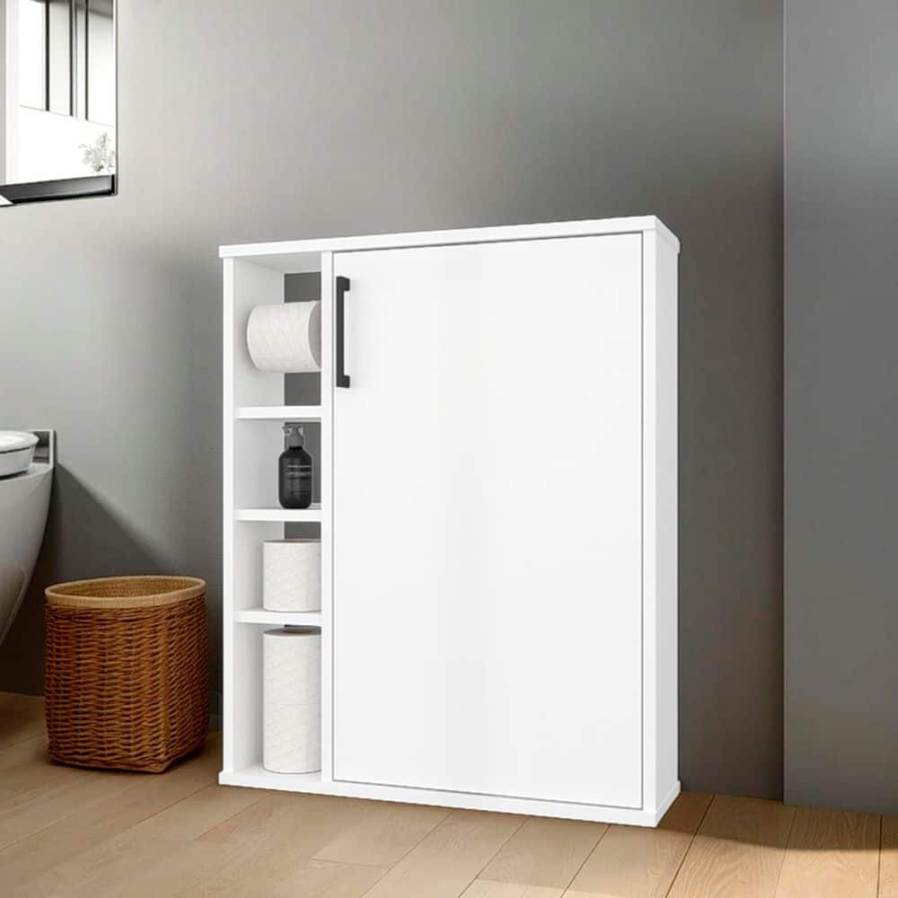 YSQCAR 23.6 in. W x 6.1 in. D x 28.9 in. H White MDF Freestanding Linen Cabinet with 4 Open Shelves, 1 Door (2)