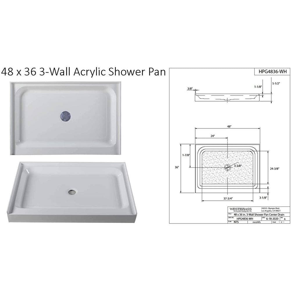 Westbrass 48 in. 36 in. Single Threshold Alcove Shower Pan Base with Plastic Drain (3)