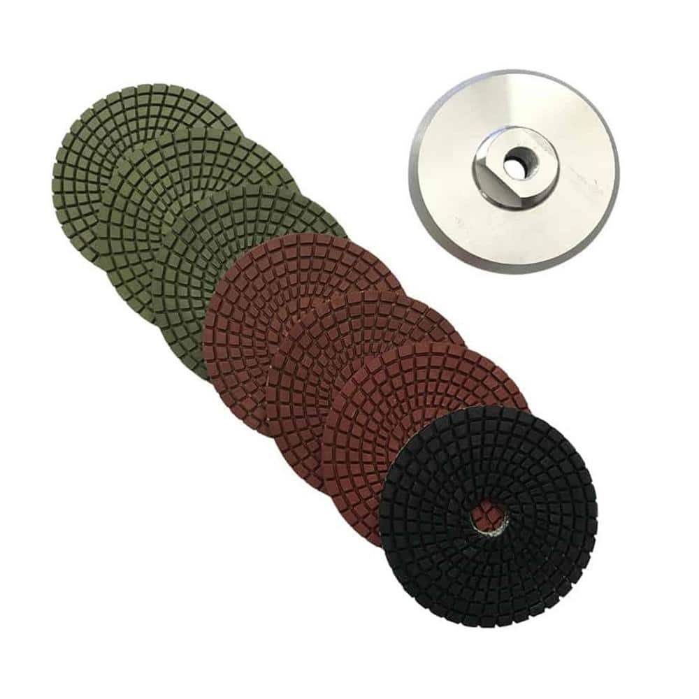 EDiamondTools 4 in. Wet Diamond Stone Polishing Pads, 7 Pad Set w/Metal Backer Pad, Dark Resin, #50 to #3000 Grit (1)