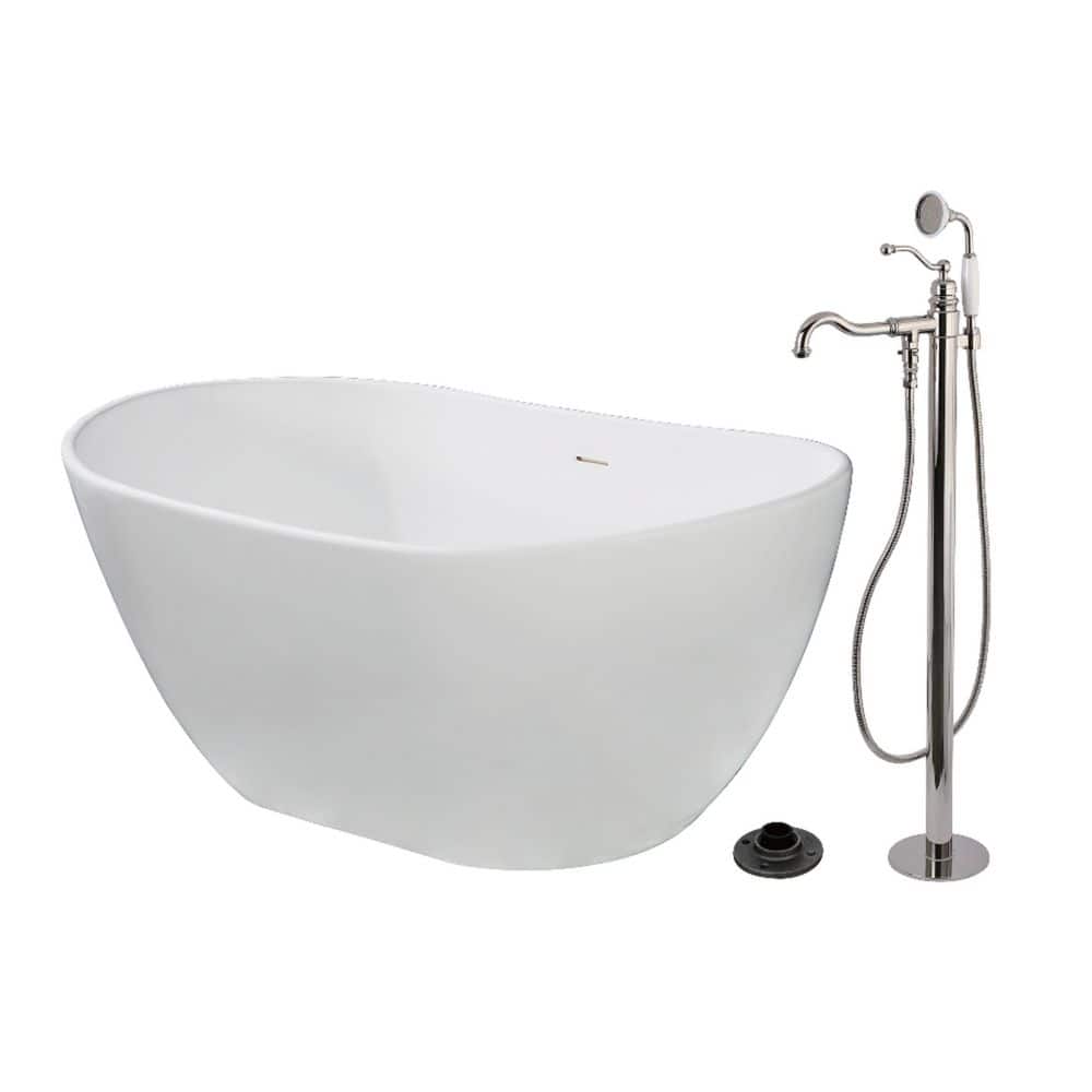 Kingston Brass Arcticstone 56.3 in. x 32.3 in. Surface White Stone Flatbottom Soaking Freestanding Bathtub in White/Polished Nickel (1)