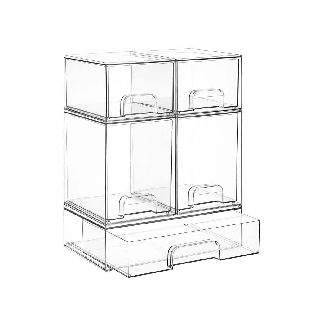 Wudkey 5-Piece Stackable Clear Plastic Drawer Organizer, Storage Bins for Baby Bottles Cosmetics, Bath Accessory Set (1)