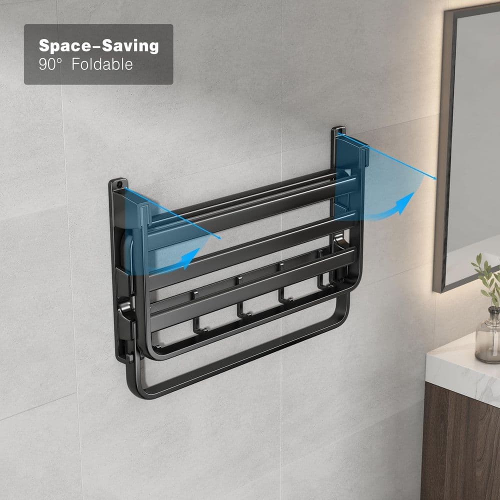 Numhew 24 in. 2-Bar Wall Mounted Bathroom Towel Rack, Bathroom Towel Shelf with Foldable Shelf and 7 Hooks in Matte Black (3)