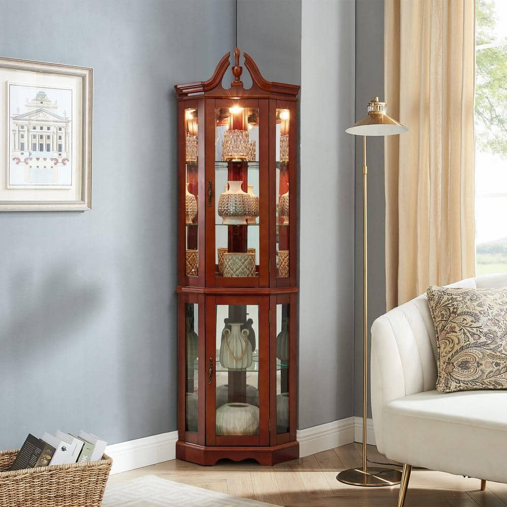 XUJMK 22 in. W x 15 in. D x 71 in. H Brown Linen Cabinet, Curio Cabinet Lighted with Shelves Walnut Color Corner Curio Cabinet (2)