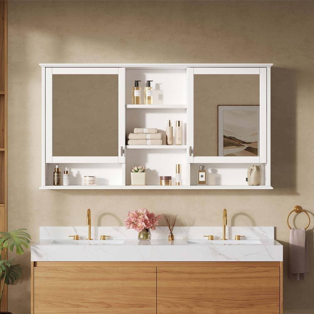 XUJMK 55 in. W x 7 in. D x 29 in. H Bathroom Storage Wall Cabinet, Storage Cabinet in White with Mirrored, Adjustable Shelves (2)